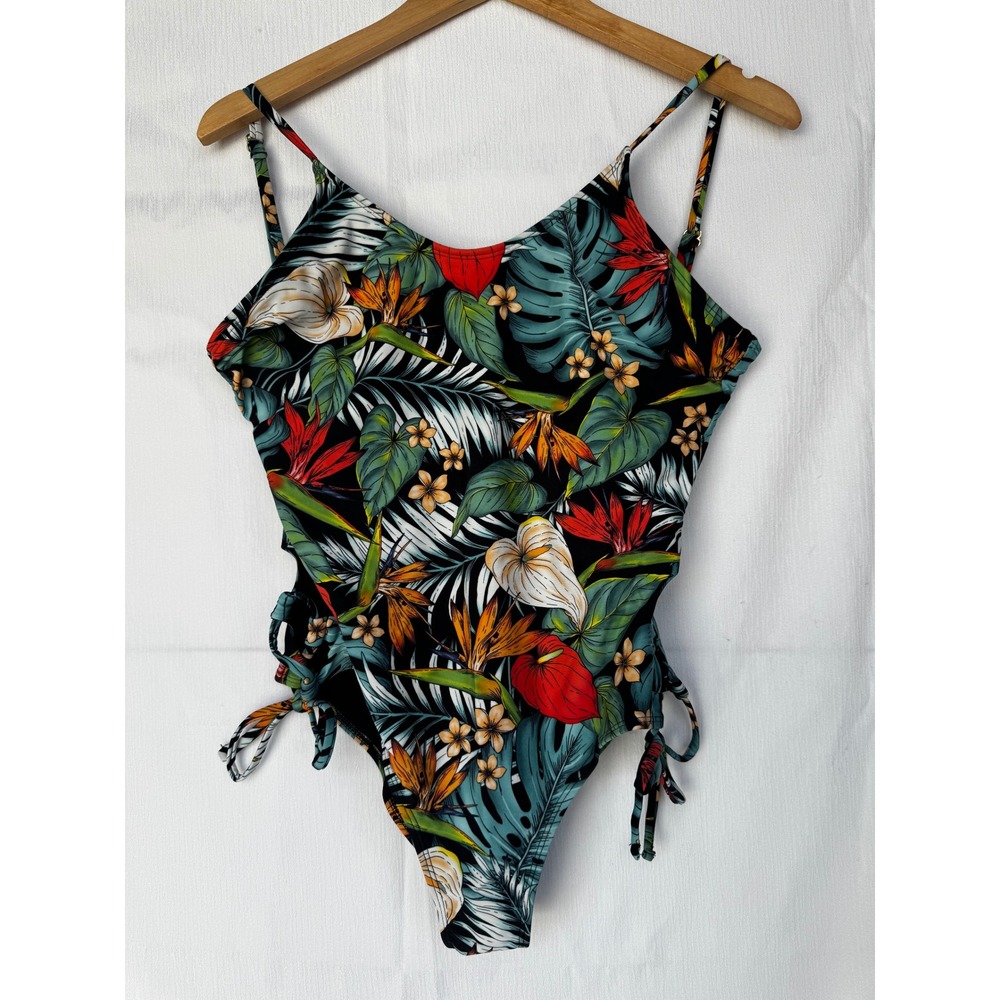 Indigo Rein Women Tropical Floral One Piece Swimsuit Side Tie Black Large
